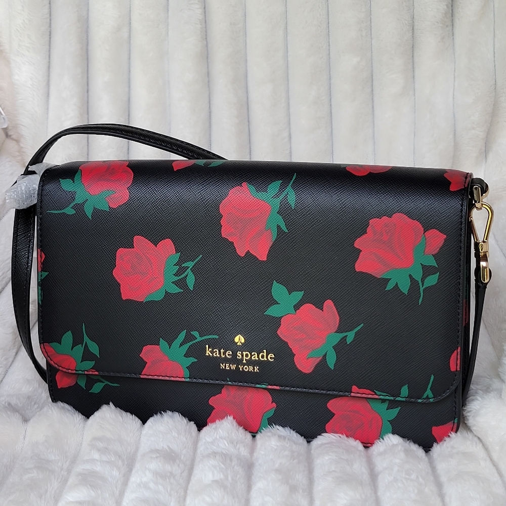 Kate Spade Black Madison Rose Toss Printed Flap Crossbody